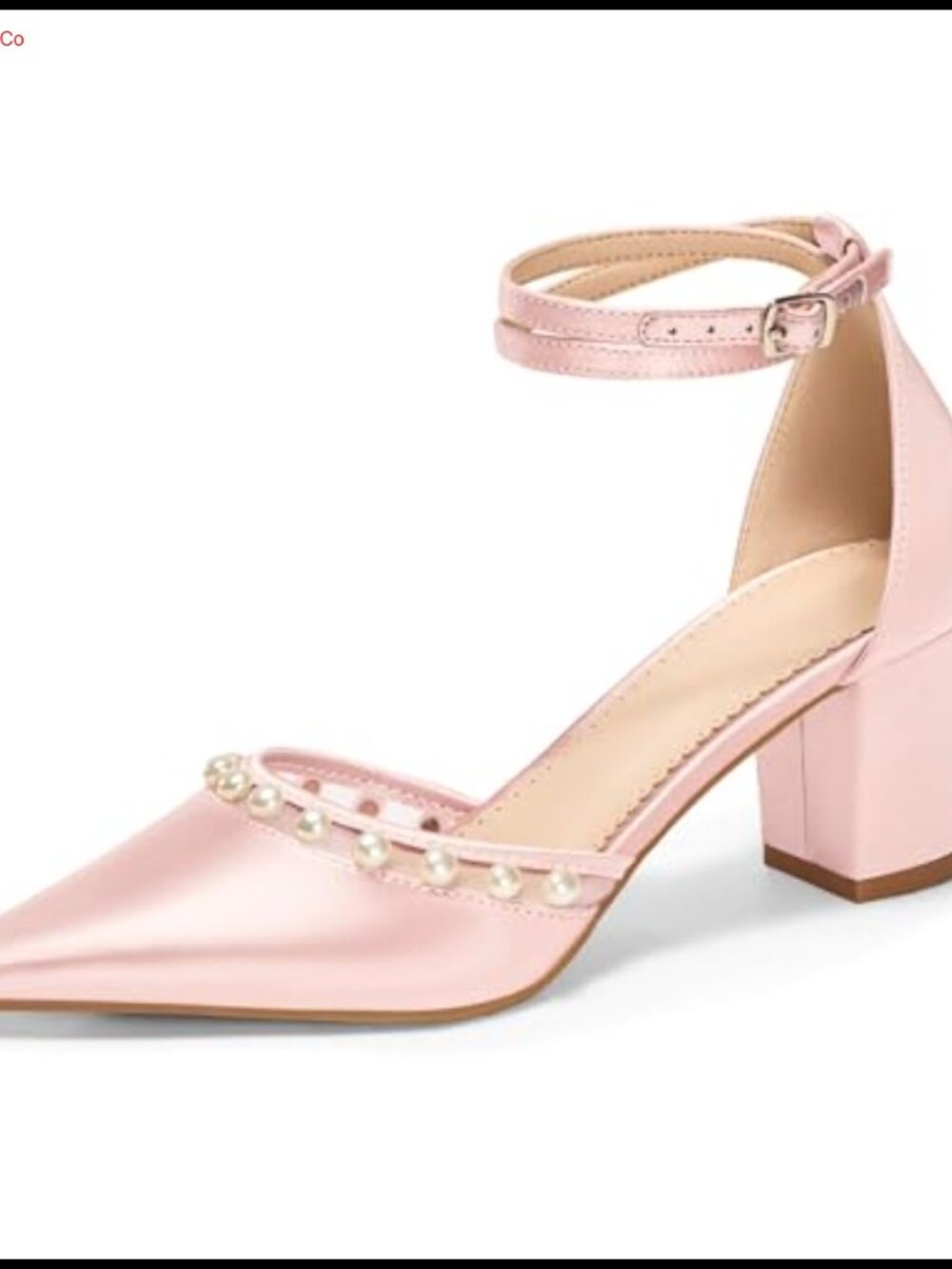 Pearl Chunky Heel Satin Pumps Pointed Toe Ankle Strap Wedding Shoes for Bride